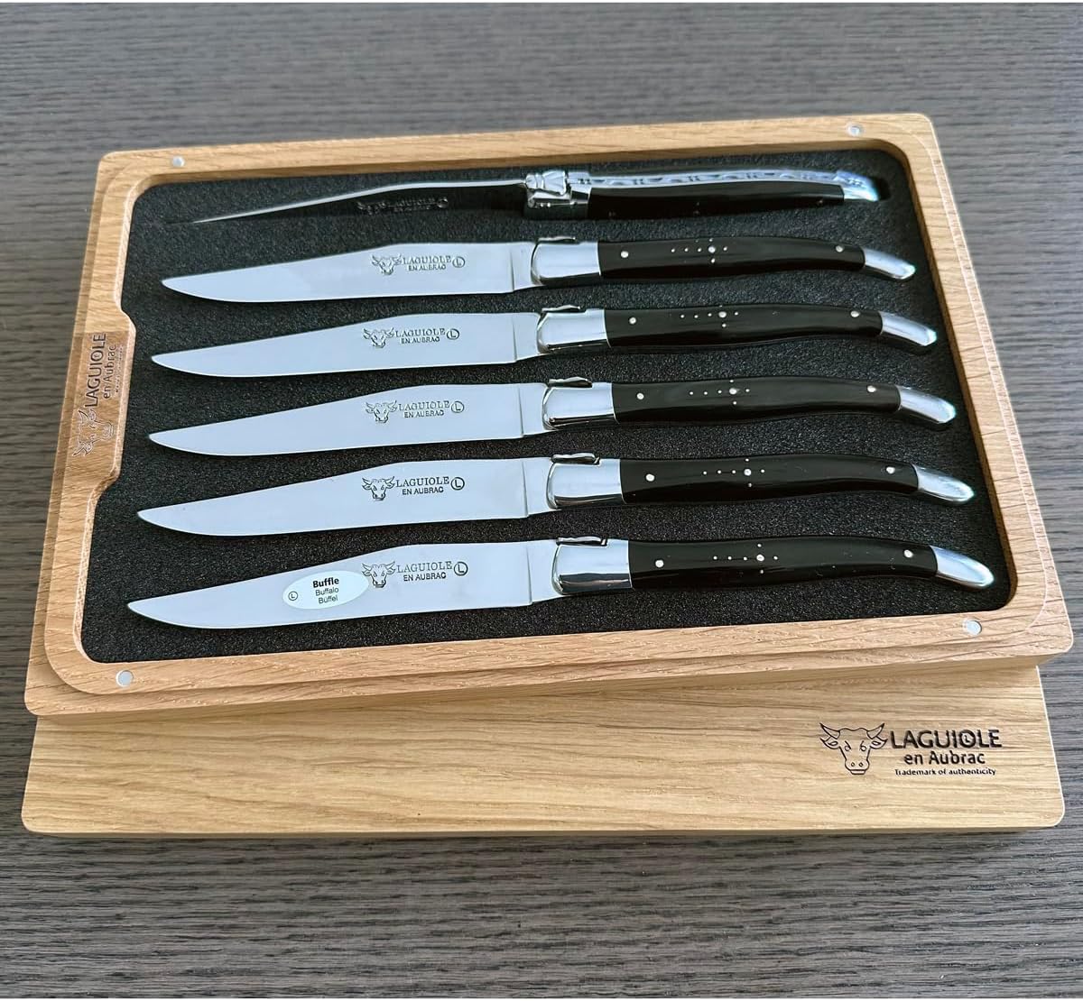 Laguiole en Aubrac Luxury Fully Forged Full Tang Stainless Steel Steak Knives 6-Piece Set with Buffalo Horn Handle