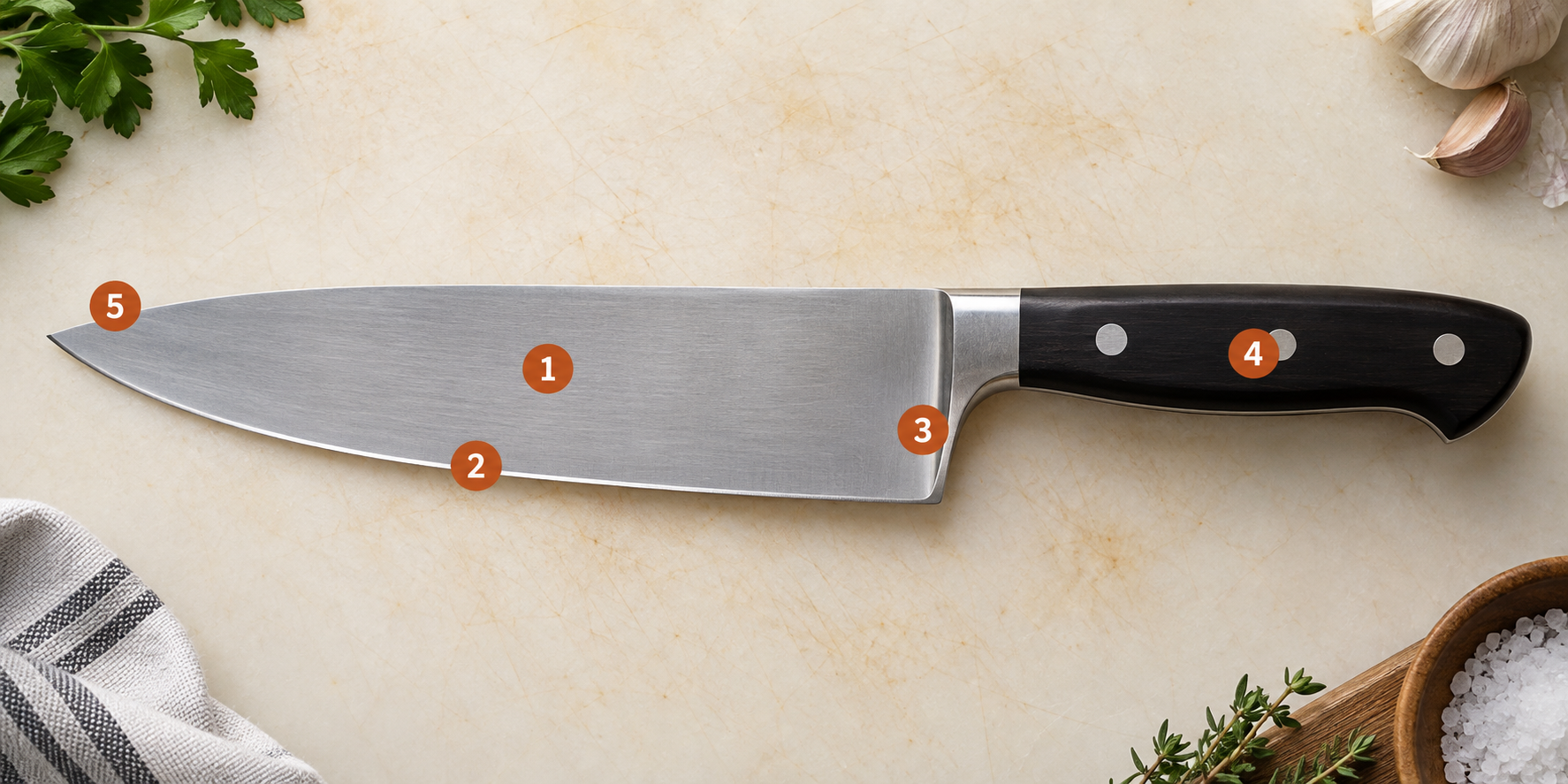 Chef knife with numbered kitchen knife care zones for blade face, cutting edge, heel and bolster, handle and rivets, and tip and spine.
