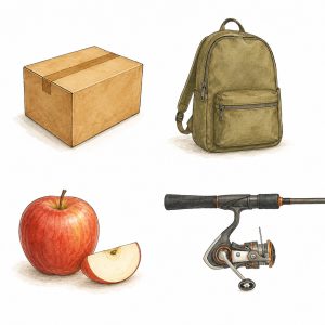 Watercolor illustrations of a parcel, backpack, apple and fishing rod
