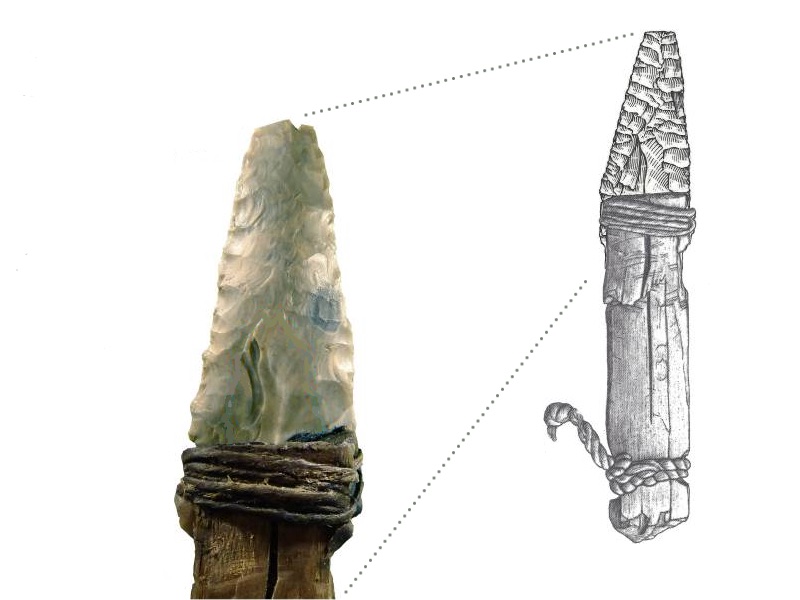 Ötzi’s dagger: a close-up of the blade and a drawing of the complete tool.