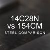 14c28n vs 154cm steel comparison over a blurred abstract steel background