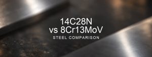 14C28N vs 8Cr13MoV Steel Comparison over a blurred abstract steel background