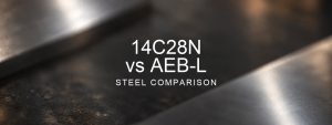 14C28N vs AEB-L Steel Comparison over a blurred abstract steel background