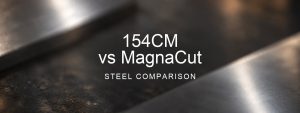 154CM vs MagnaCut Steel Comparison over a blurred abstract steel background