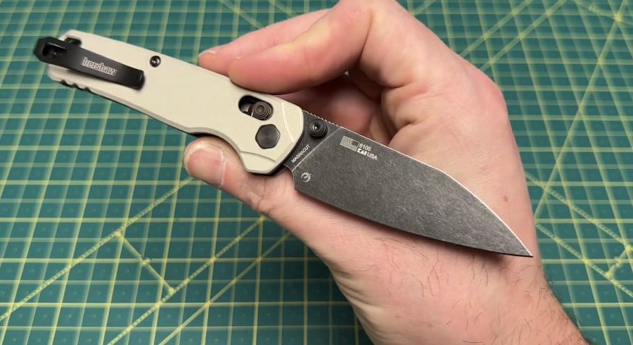 Clip-side view of the open Kershaw Bel Air, showing the pocket clip, mounting end, DuraLock and complete blade.