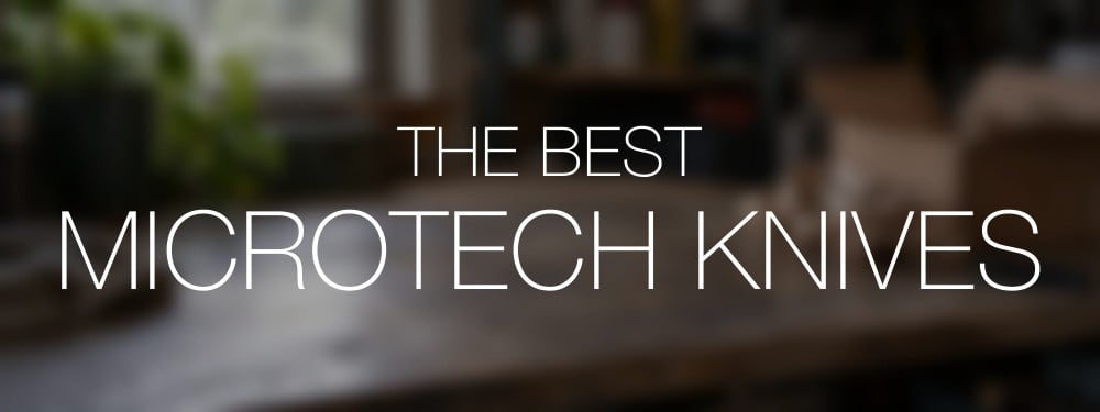 Best Microtech Knives title over a softly blurred utility counter and unpacked carton