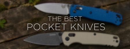 The Best Pocket Knives over a softly blurred image of two folding knives on wood