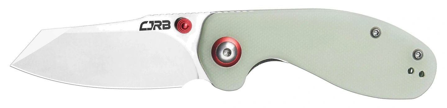 CJRB Maileah J1918-NTG with natural green G10 handle and open AR-RPM9 blade