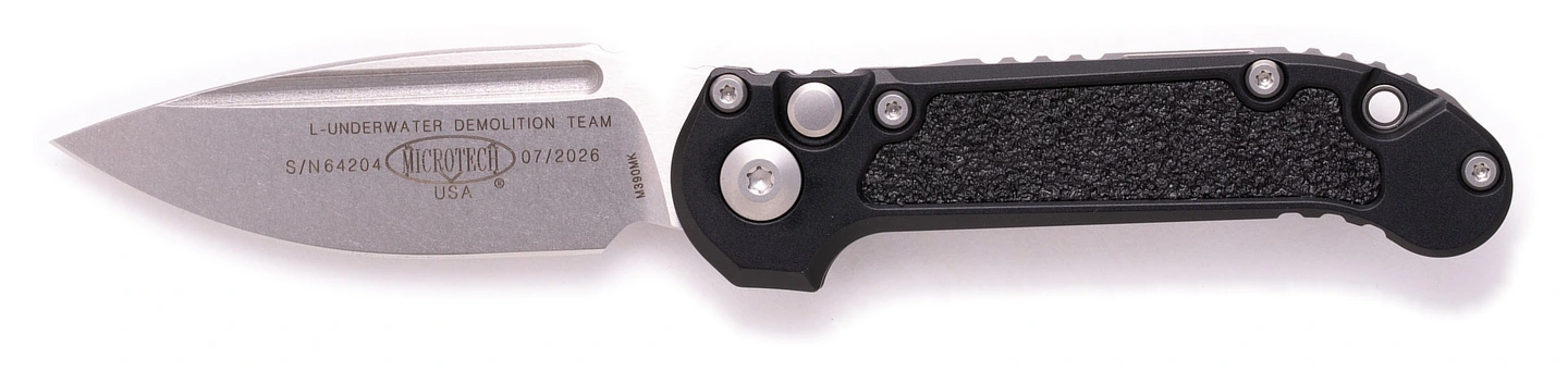Microtech LUDT Gen III 1135-10 with black handle, grip inlays and plain stonewashed blade