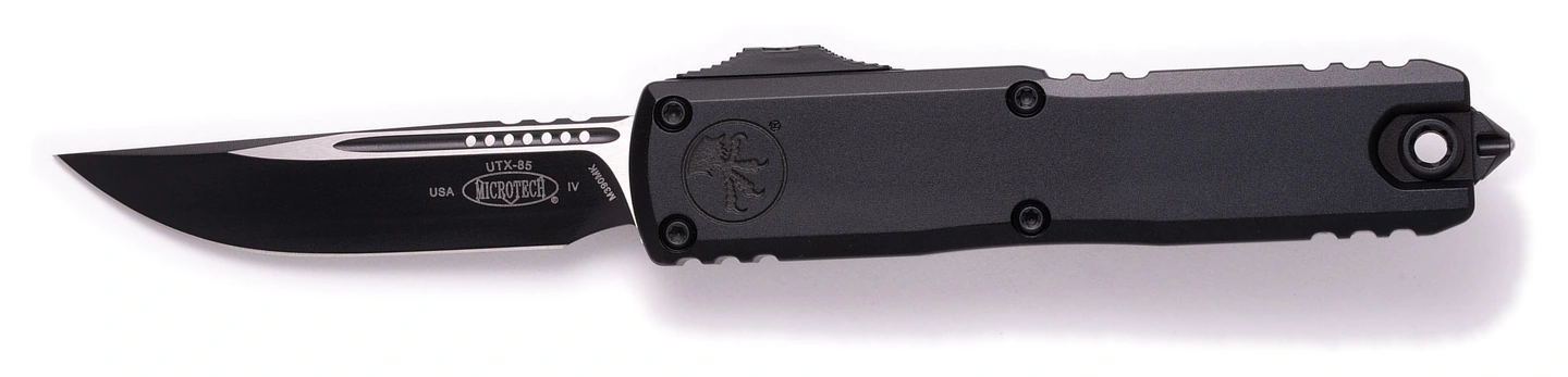 Microtech UTX85 Gen IV 12314-1T with black handle and plain black blade