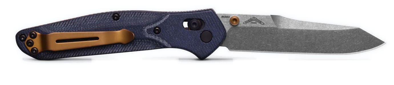 Benchmade Osborne 940-04 with M390 blade and blue denim Micarta handle, clip side