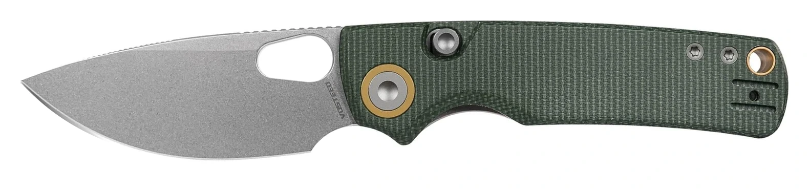 Open green Micarta Vosteed Porcupine A2603 with stonewashed blade