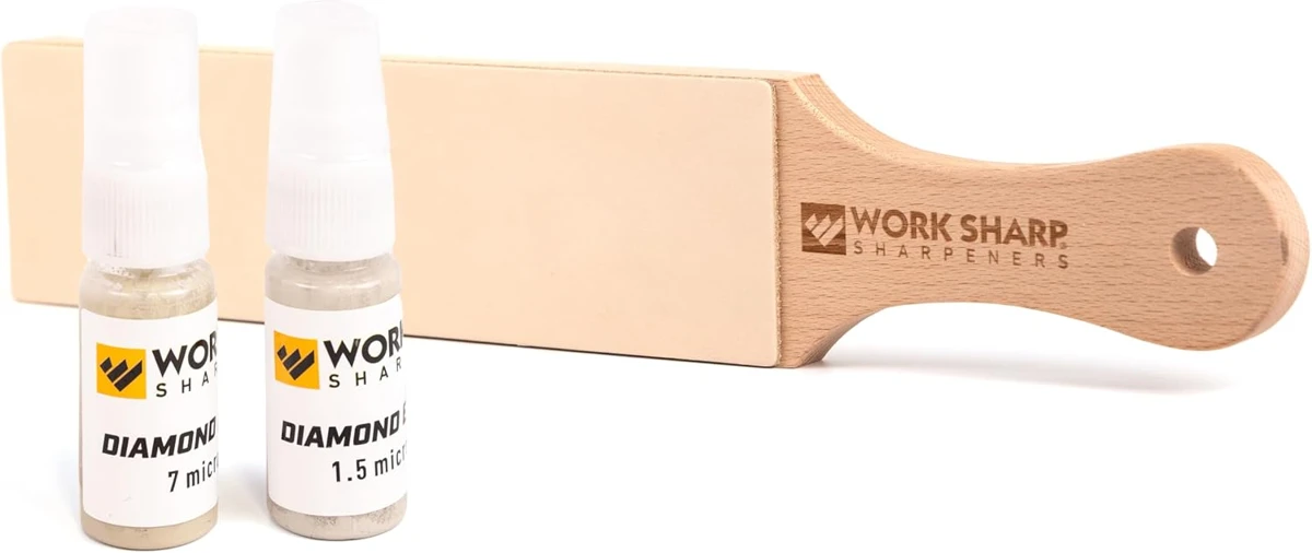 Work Sharp leather strop with seven-micron and one-point-five-micron diamond emulsion bottles
