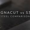 MagnaCut vs S30V Steel Comparison over a blurred abstract steel background