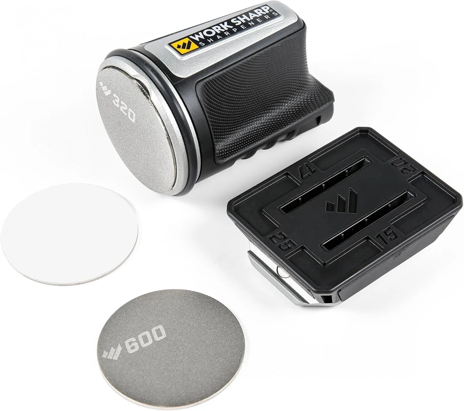 Work Sharp rolling sharpener with four-angle block and three abrasive discs on white