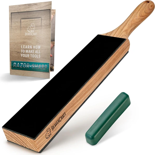 BeaverCraft LS6P1 leather paddle with included compound and instructional booklet on white