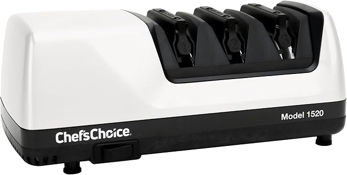 Chef’sChoice 1520 white electric sharpener with separate 15° and 20° sharpening stages