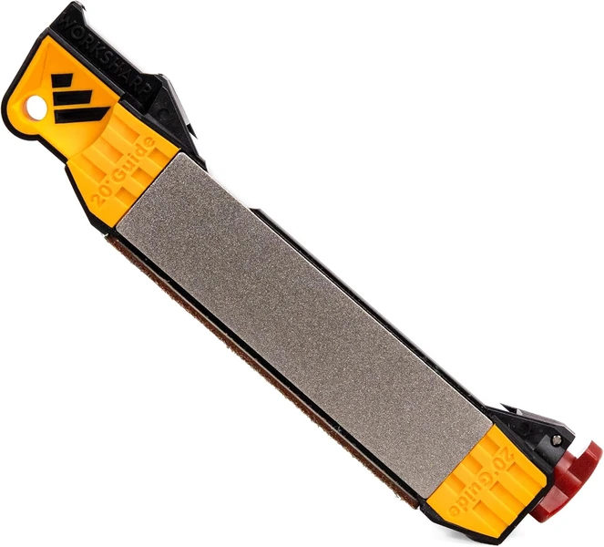 Work Sharp Guided Field Sharpener with diamond face and yellow angle guides on white