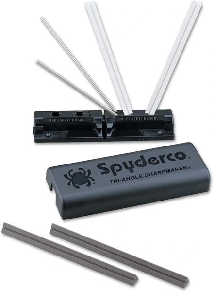 Spyderco Sharpmaker assembled with ceramic rods, safety rods, spare rods and storage case on white