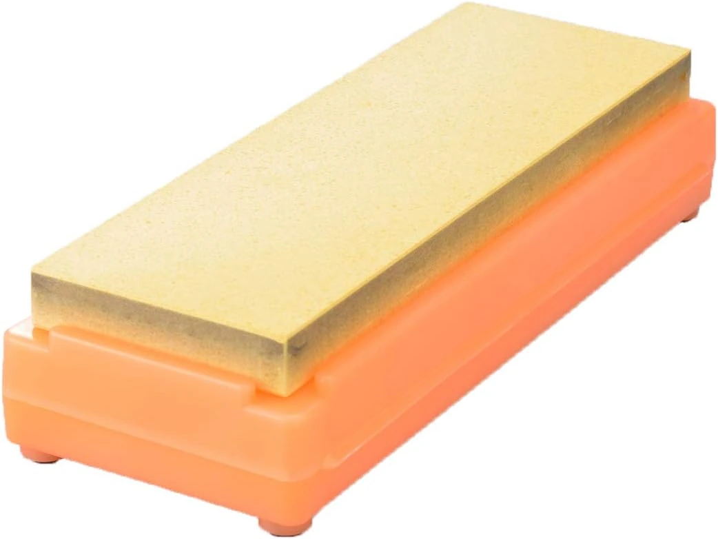 Shapton Kuromaku 1000 sharpening stone on its orange storage case and stand