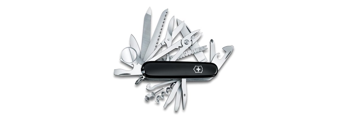 Victorinox SwissChamp with black handle and its complete open tool selection